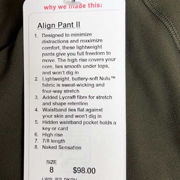 NWT Lululemon Align Pant II dark olive - Picture 4 of 5